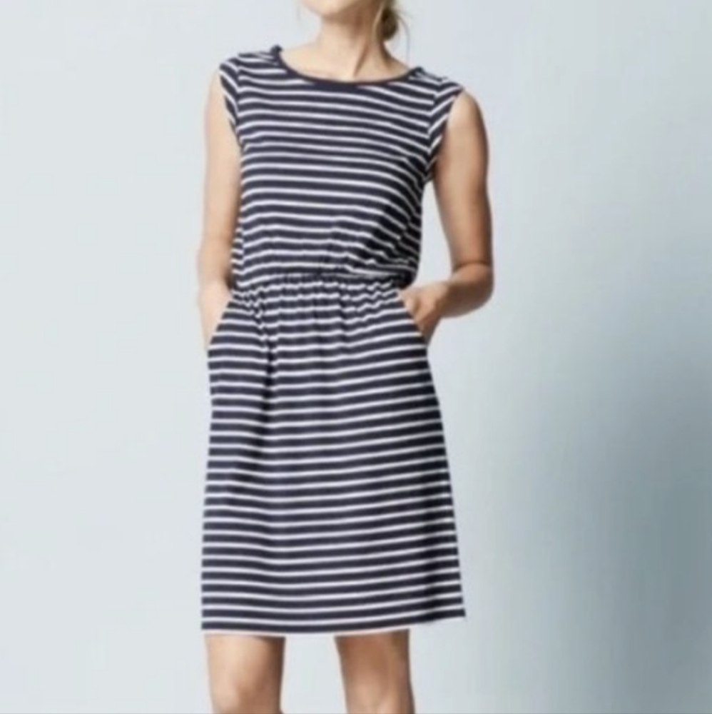 Boden Nautical Navy Blue White Stripe Jersey Day Dress with Pockets